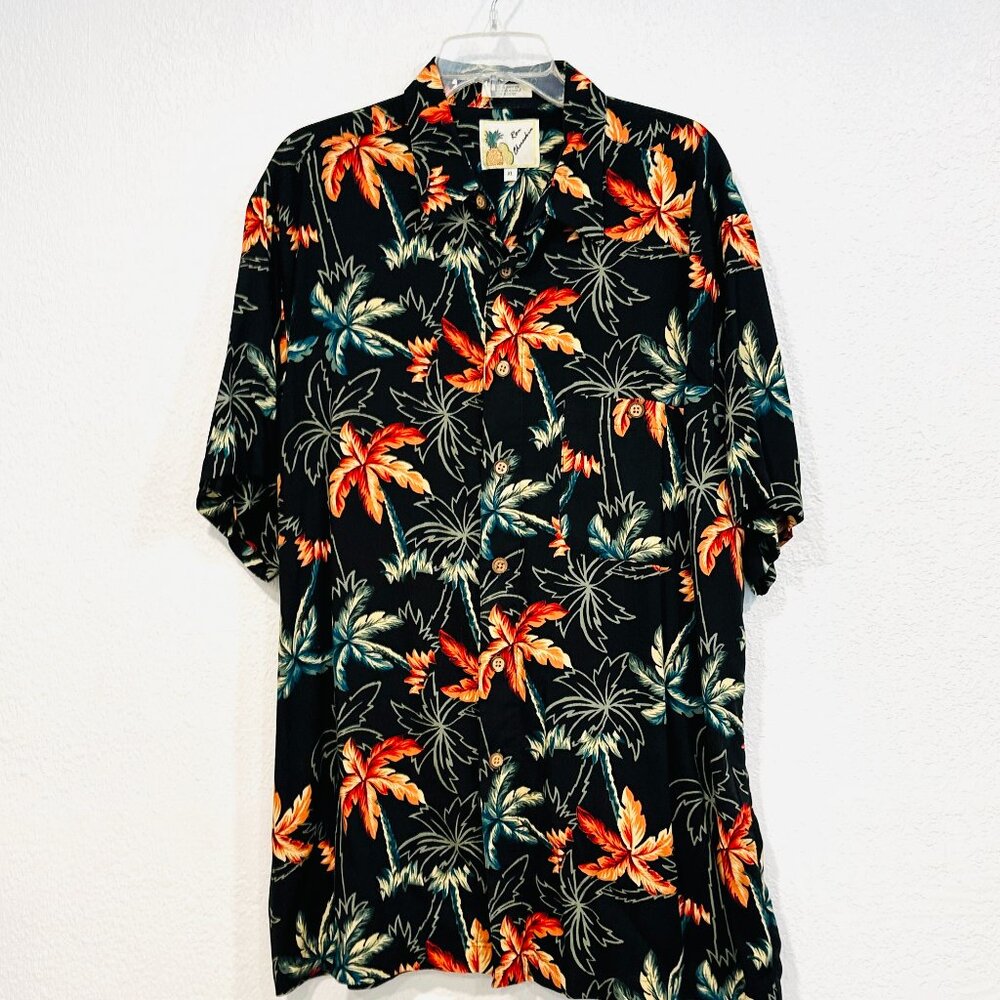 Ron Chereskin Hawaiian Shirt Button Front Black MultiColor Short Sleeves Mens XL
